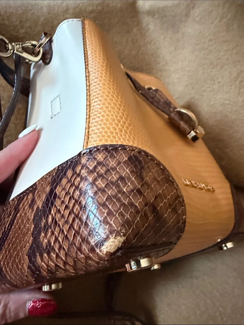 Michael Kors Tan, Cream & Brown Snake Print Mini Bucket Crossbody w/ Top Handle